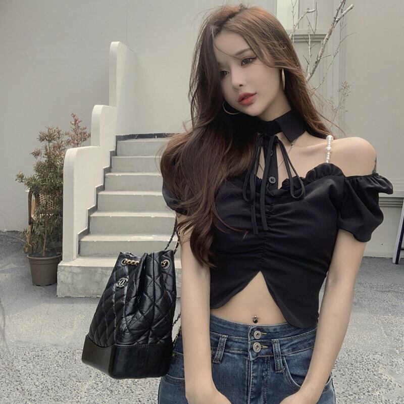 パールチェーン ショートブラウス トップス サマーシャツ 夏物 真珠 ガールズファッション93551689141