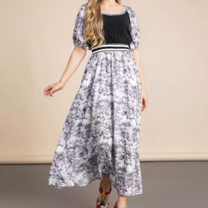 トワルドジュイ植物系プリントパフスリーブ伸縮性ウェストサマーホリデーロングワンピースop260801