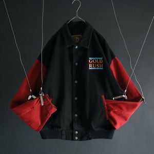 over silhouette black × red switching design denim stadium jumper
