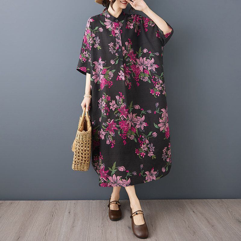 FLORAL BATWING SLEEVES RELAXED MIDI SHIRT DRESS M-17380