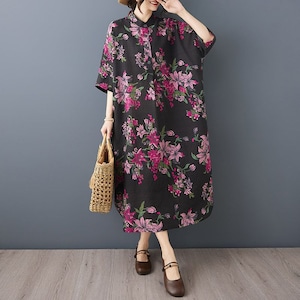 FLORAL BATWING SLEEVES RELAXED MIDI SHIRT DRESS M-17380