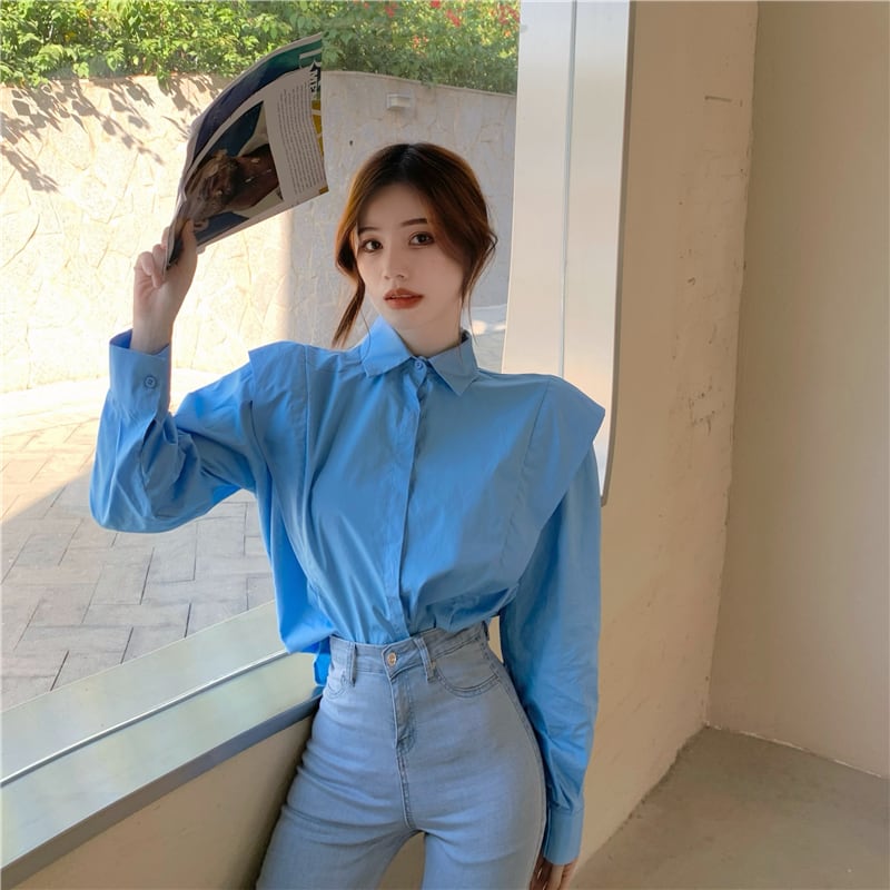 ルーズスタイルブルーシャツ スプリングトップス ロング 春物 ブラックストロベリース20560974058