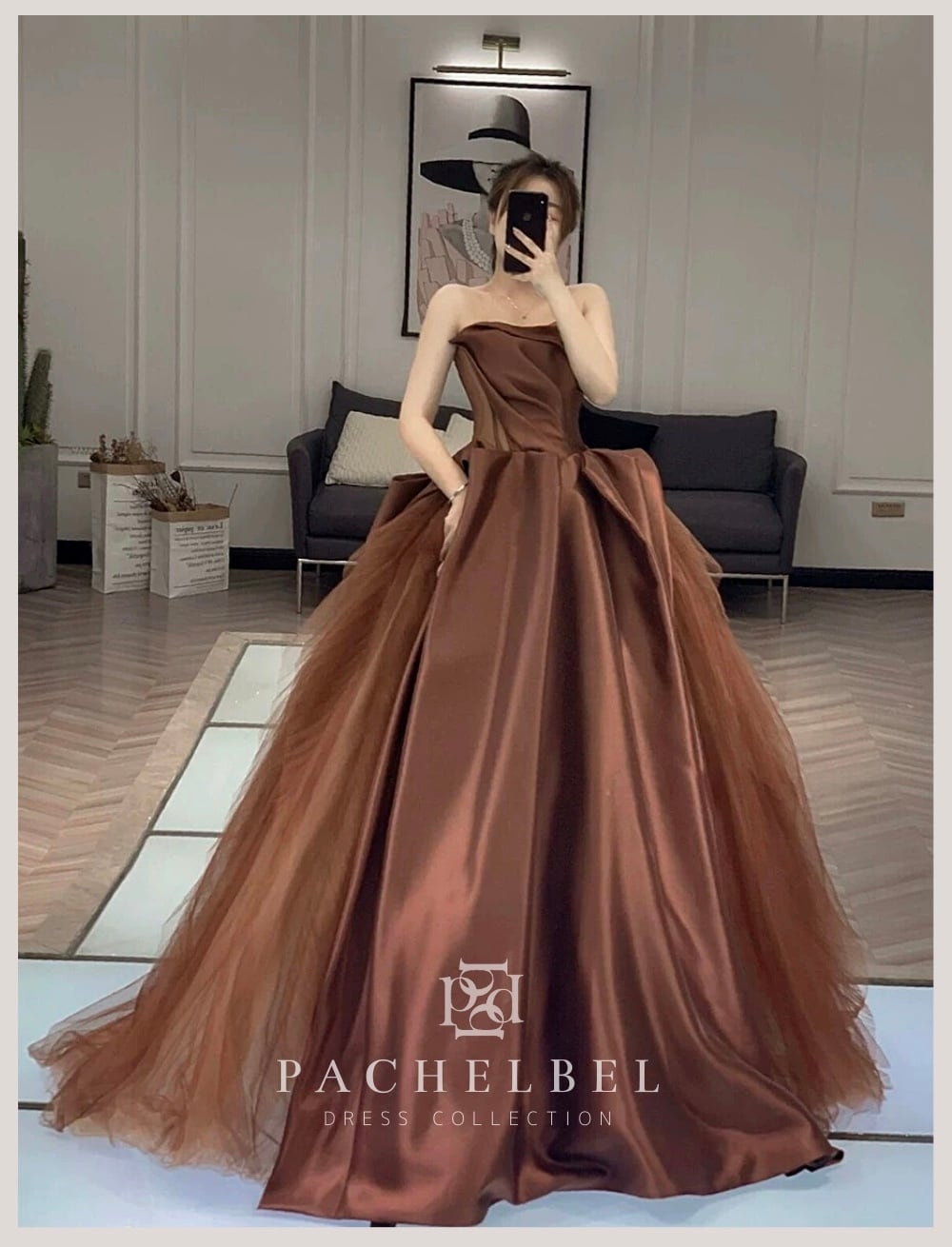 茶色 ドレス （人気上昇！パーティードレス 茶色 ブラウン ベアトップ  