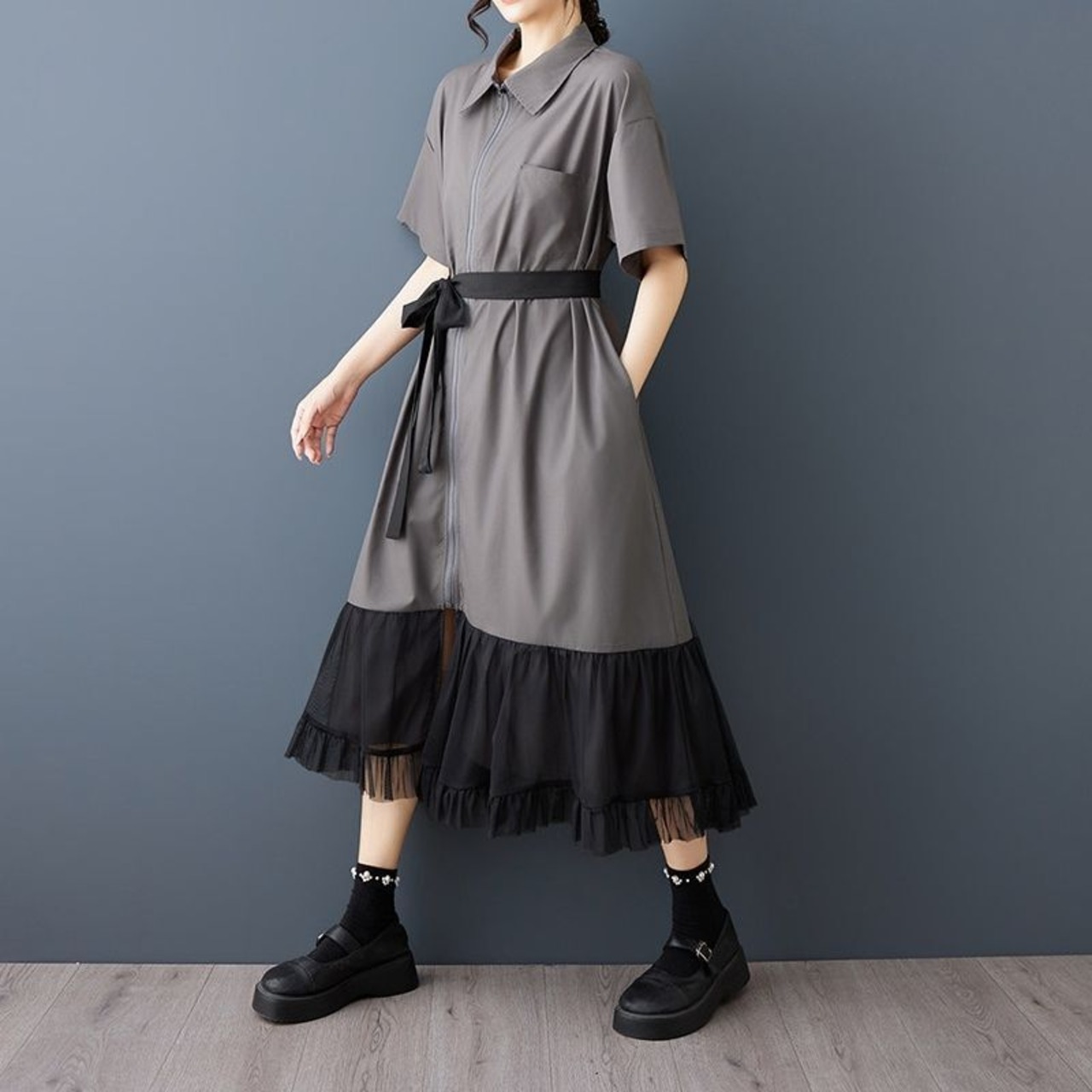ジップアップ ティアードシフォン ワンピース  30290