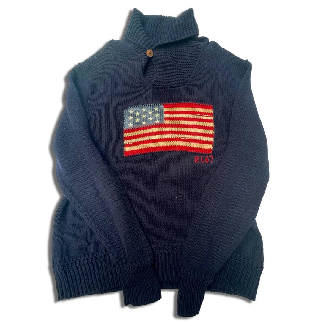 ポロ ラルフローレン リネン シルク混 フラッグセーター L ネイビー POLO Ralph Lauren ラルフ ショールカラー コットンセーター  ニット 90s 00s Y2K アメリカ国旗柄 星条旗柄