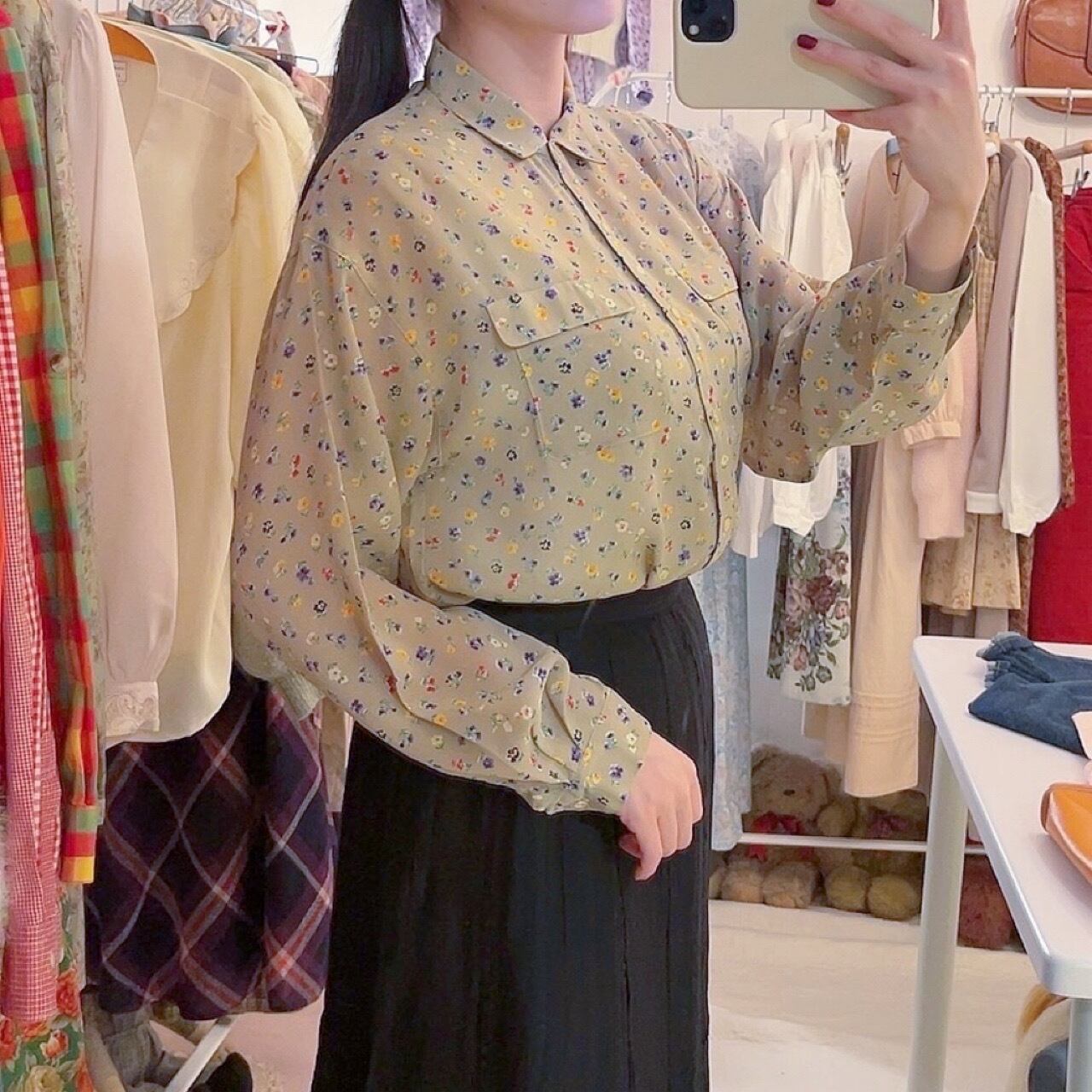 yellow purple mini flower sheer blouse