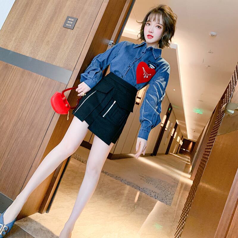 レッドハートスリーブシャツ ジッパーポケットスカート セット スプリング ランタンスリーブ 春物 MIUCO33665745552