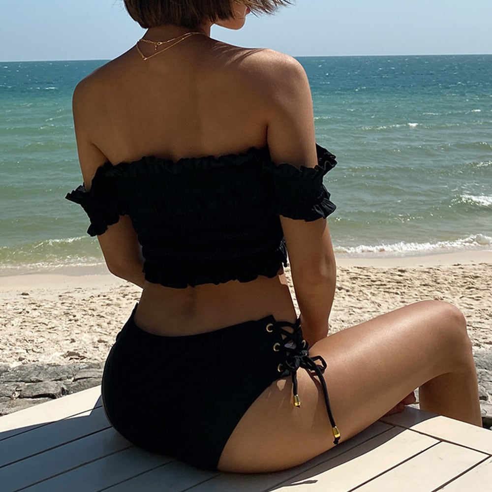 全3色 フリル水着 オフショルダー カップあり 編み上げ | ROND100