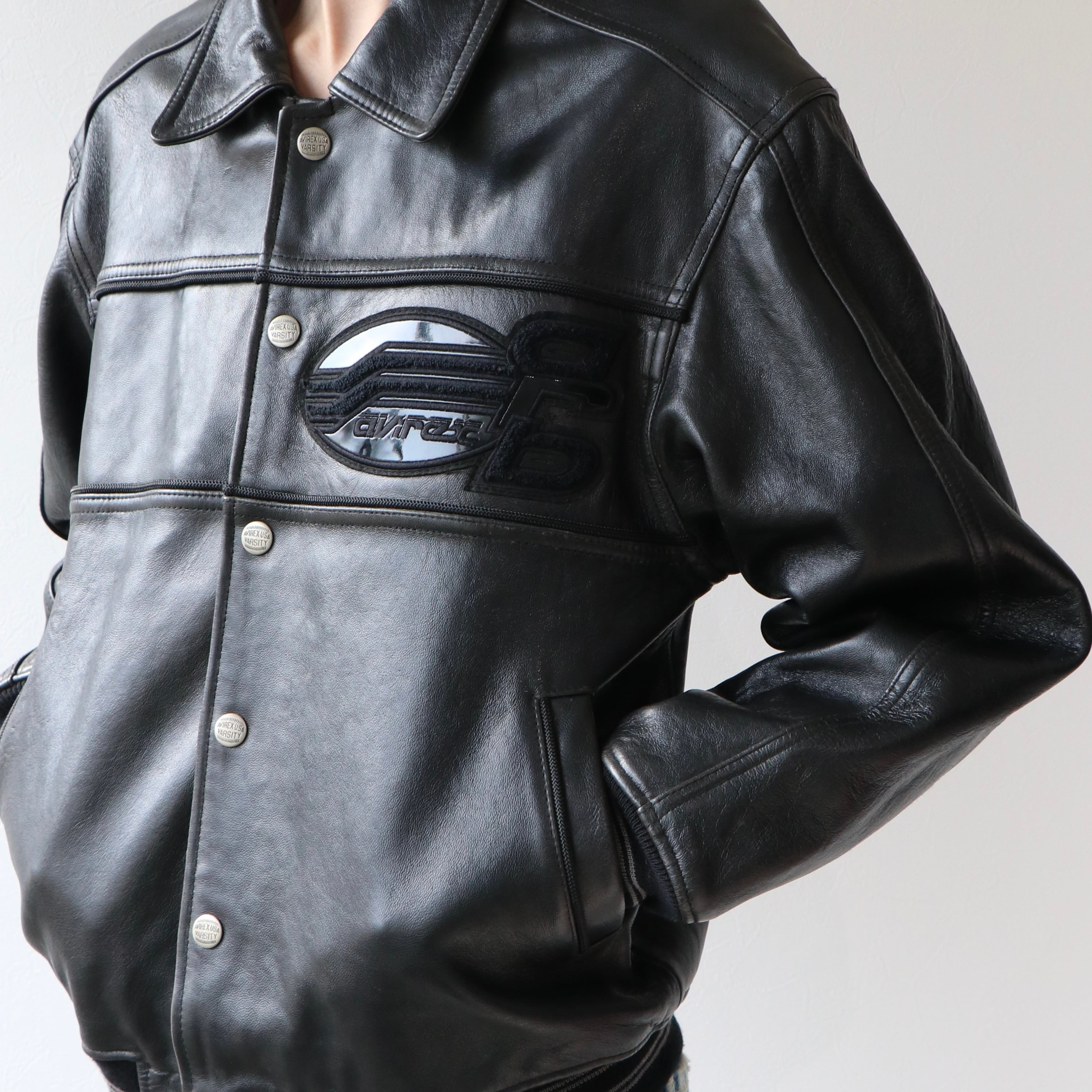 AVIREX USA VARSITY レザージャケット ブルゾン ブラック