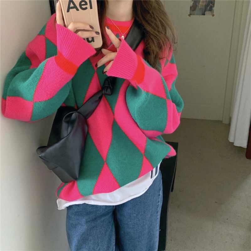 セーター ジャケット スタンダードレッドスプリングオータムラウンドネックトップス レトロ 春物 秋物 Oネック ブラックストロベリース19968818654