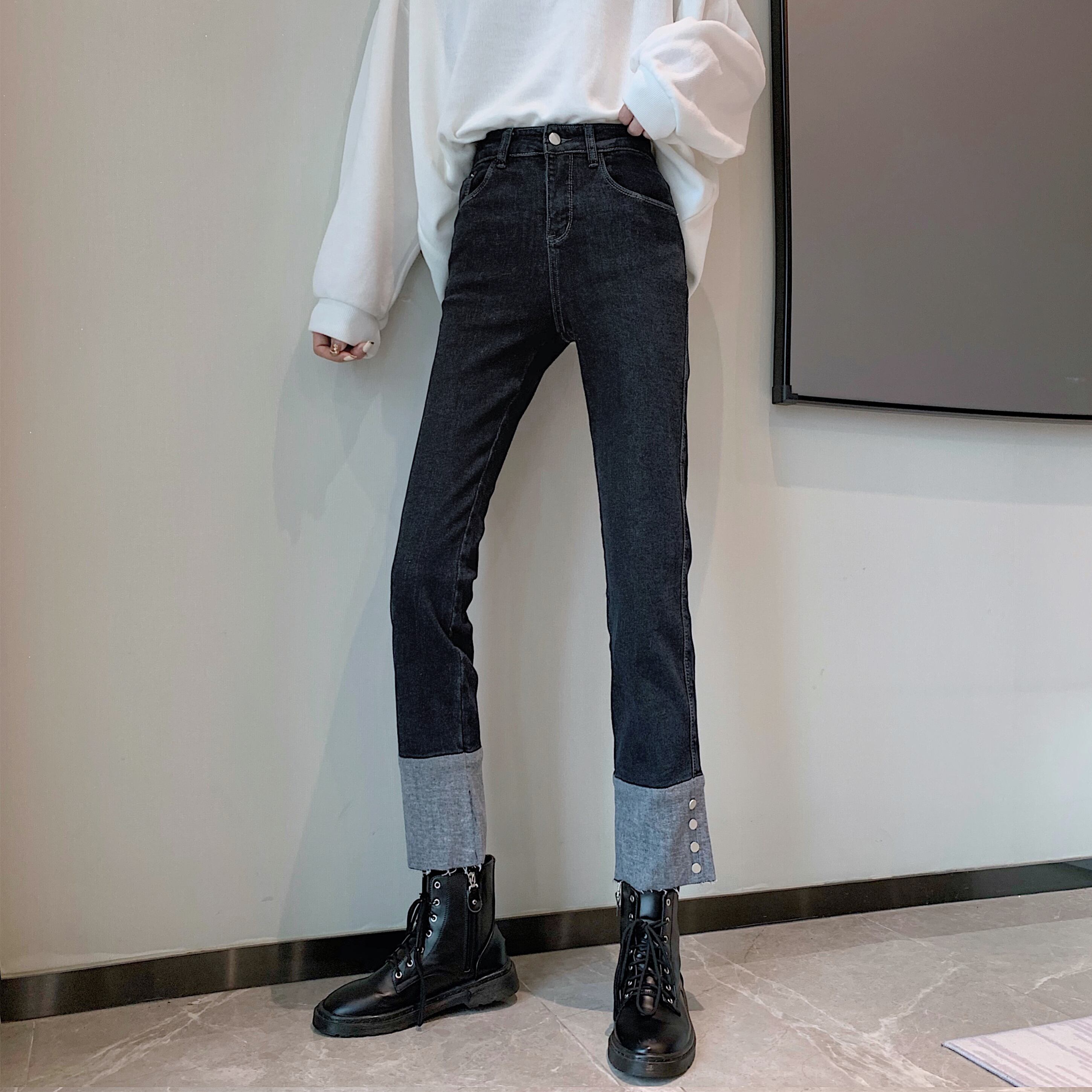 カラージーンズ スプリングオータムハイウェストスリムパンツ 春物 秋物 1号婦人45493931678