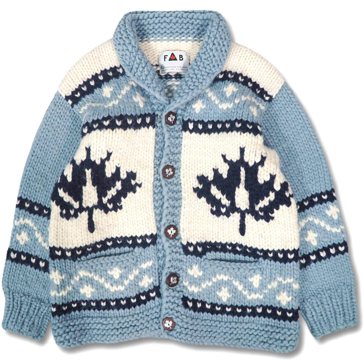 MADE IN CANADA｜COWICHAN  SWEATER｜FAB｜カナダ製カウチンセーター｜エフエービー｜希少｜水色｜メープルボタン｜ウールジャケット｜カーディガン｜O911