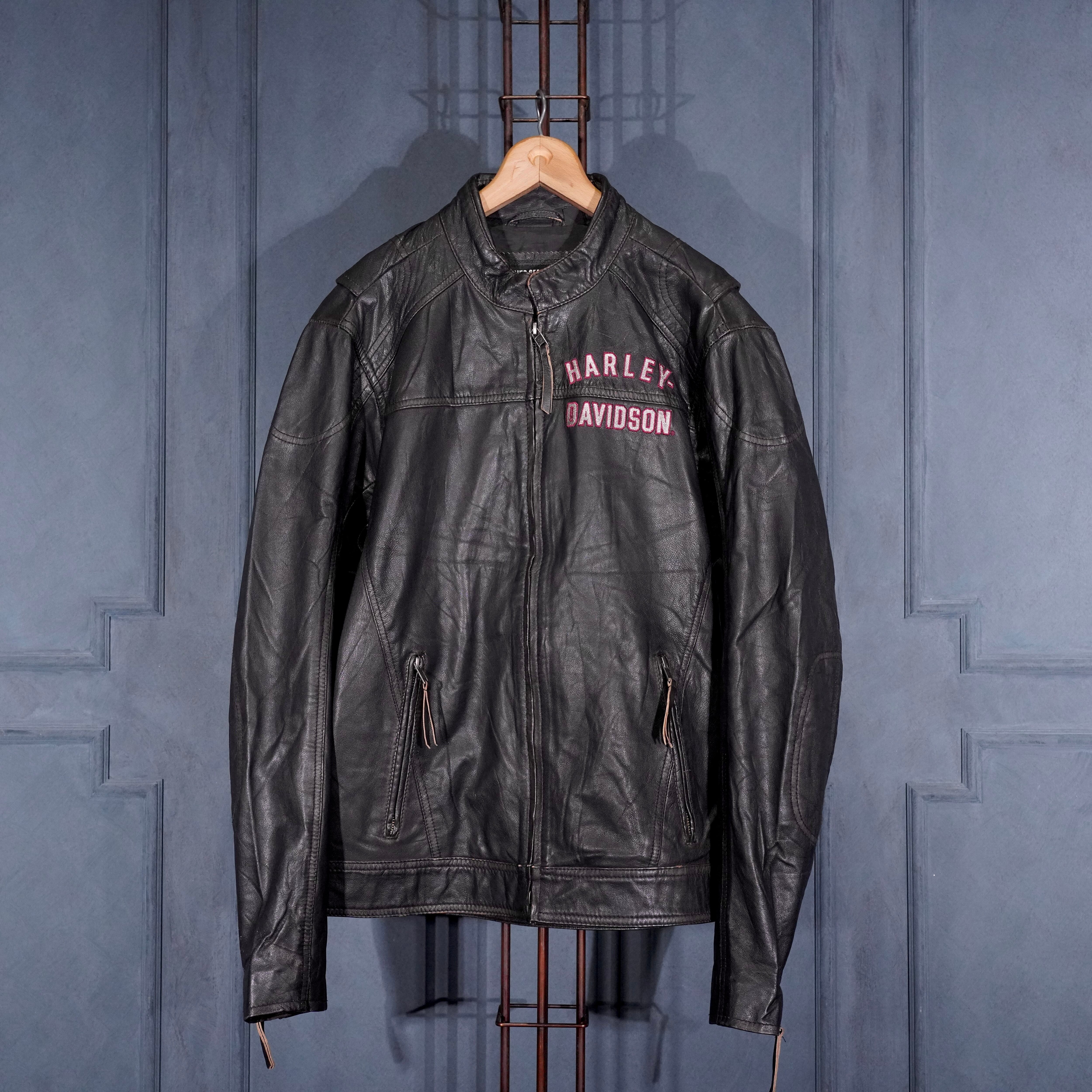 USA VINTAGE HARLEY DAVIDSON LOGO EMBROIDERY DESIGN ZIP UP LEATHER