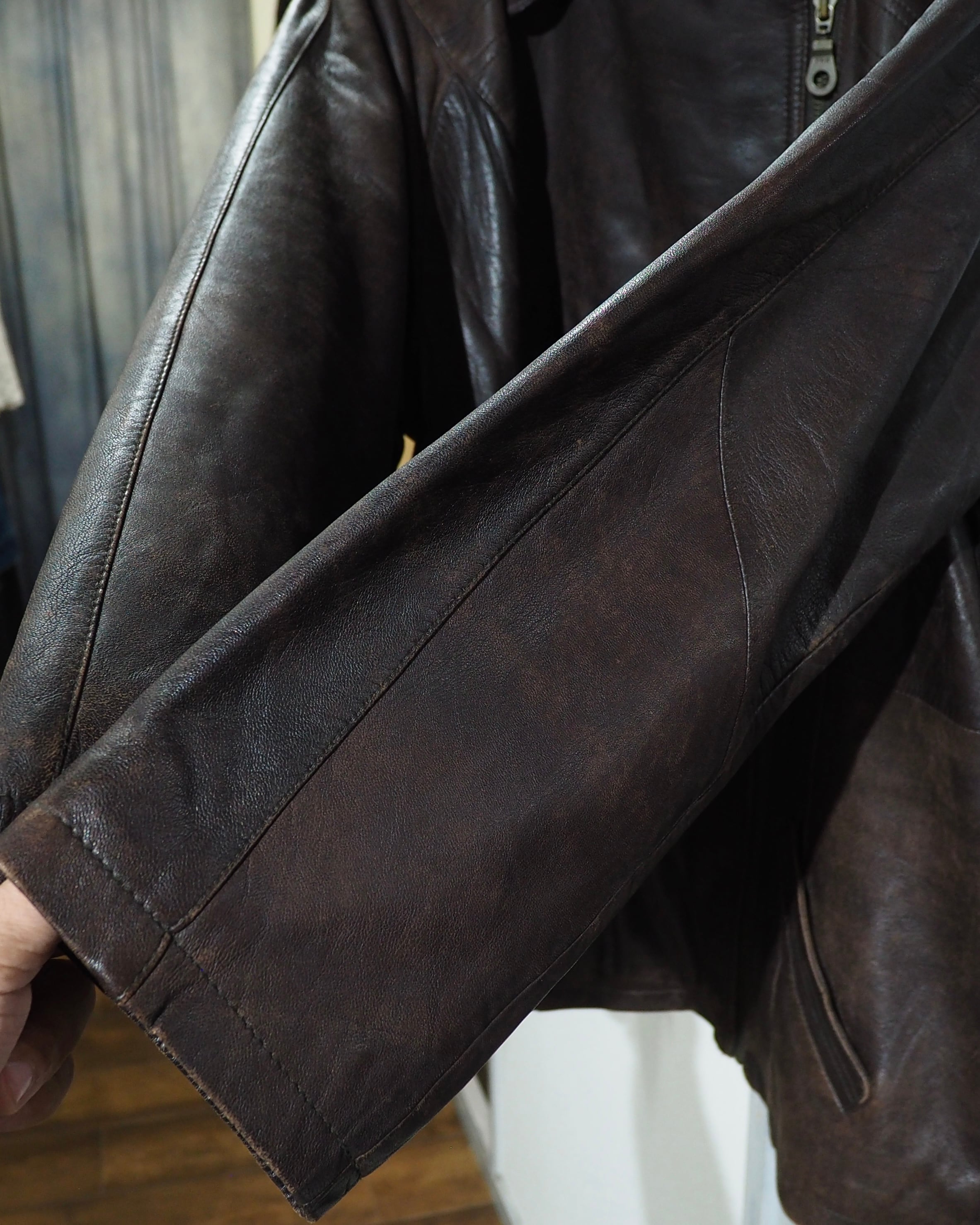 1990s " 変形 " Diagonal Zipper Design Vintage Lamb Leather Jacket