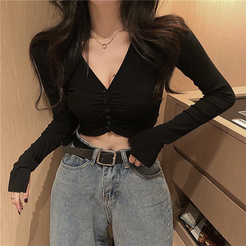 シャツ スタイルVネックショートウェストニットトップス ウィンター 冬物 ドラファッションホール42701229884