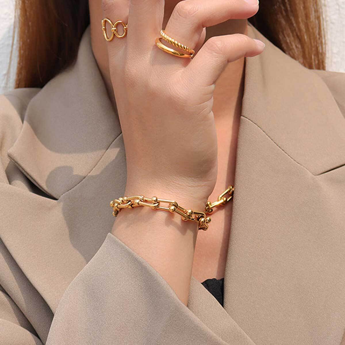 ブレスレット レディース シンプル Uチェーンブレスレット リンクブレスレットネックレス 大人可愛い オフィス 大ぶり カジュアル ロング チェーン ステンレス 芸能人愛用 K18 ティファニータイプ プレゼント ギフト 贈り物 ポーチ付き Overrag