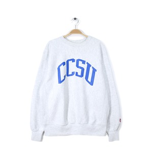 90s MV SPORT カレッジプリント スウェット CCSU セントラルコネチカット州立大学 霜降りグレー 前V リバースウィーブタイプ メンズXL相当 アメカジ 古着 @CF0746