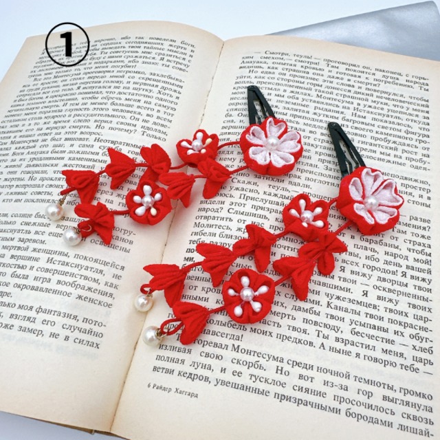 つまみ細工　パッチンピン　しだれ花　4種（赤　サーモンピンク　薄青　紫）