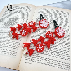 【T16-10,11,12,13】つまみ細工 パッチンピン しだれ花 4種(赤 サーモンピンク 薄青 紫)