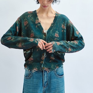 Damage V-Neck flower Cardigan T4350