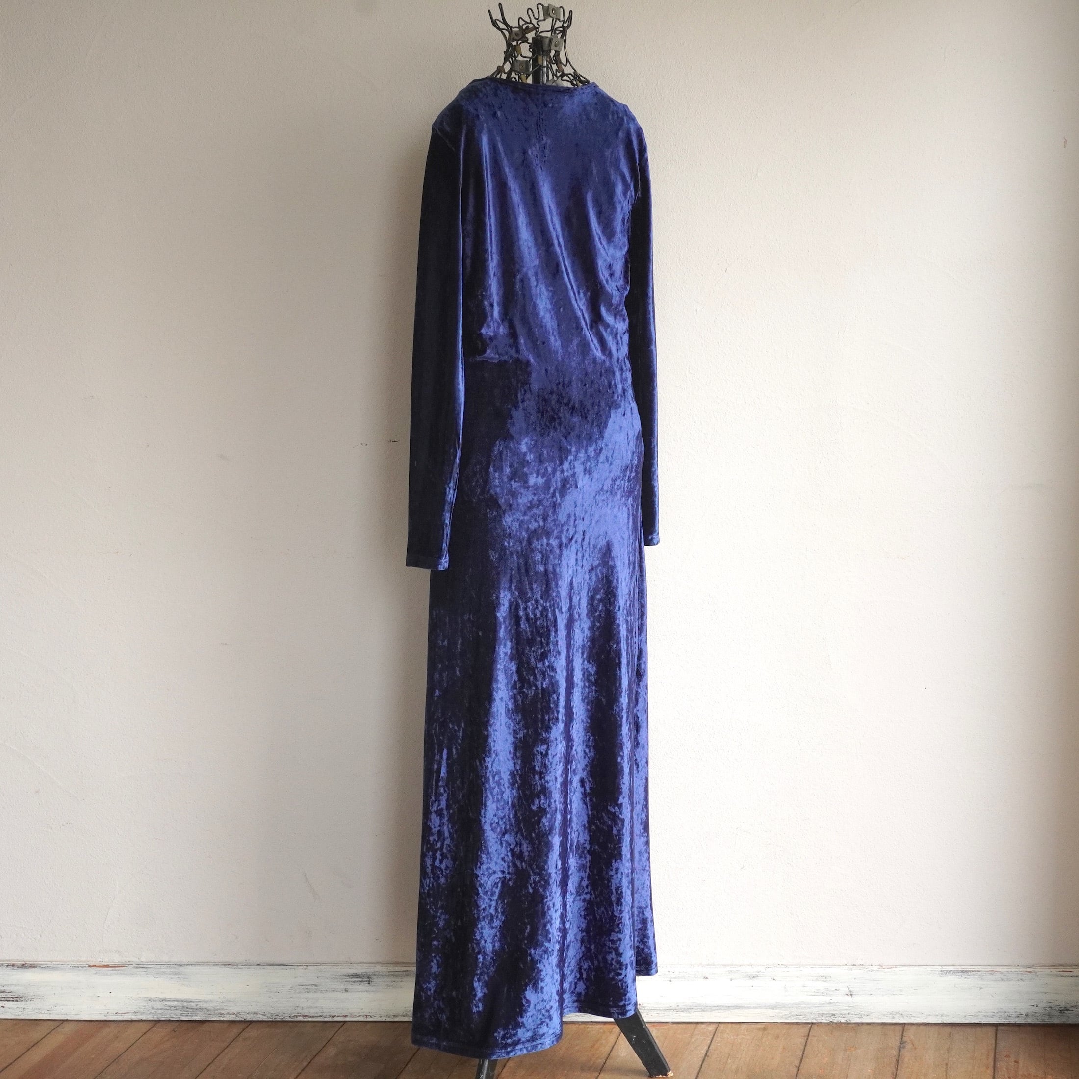 クレッシュベロアロングドレス M ネイビー(153センチでヒール) ベロアカシュクールタイトロングワンピース ドレス 結婚式[品番