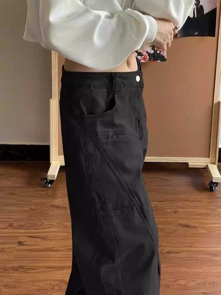 ブラック レトロ ストレートレッグ カジュアル ワークウェア ジーンズ レディース アメリカン ハイストリート バイブ デザイン スリム ワイドレッグ パンツ