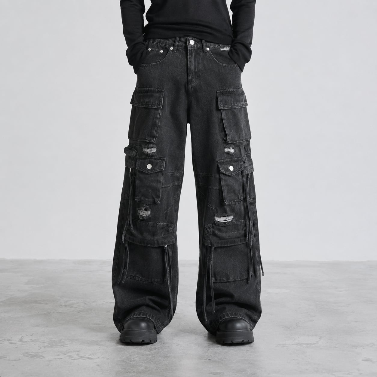Washed distressed string denim pants 0014
