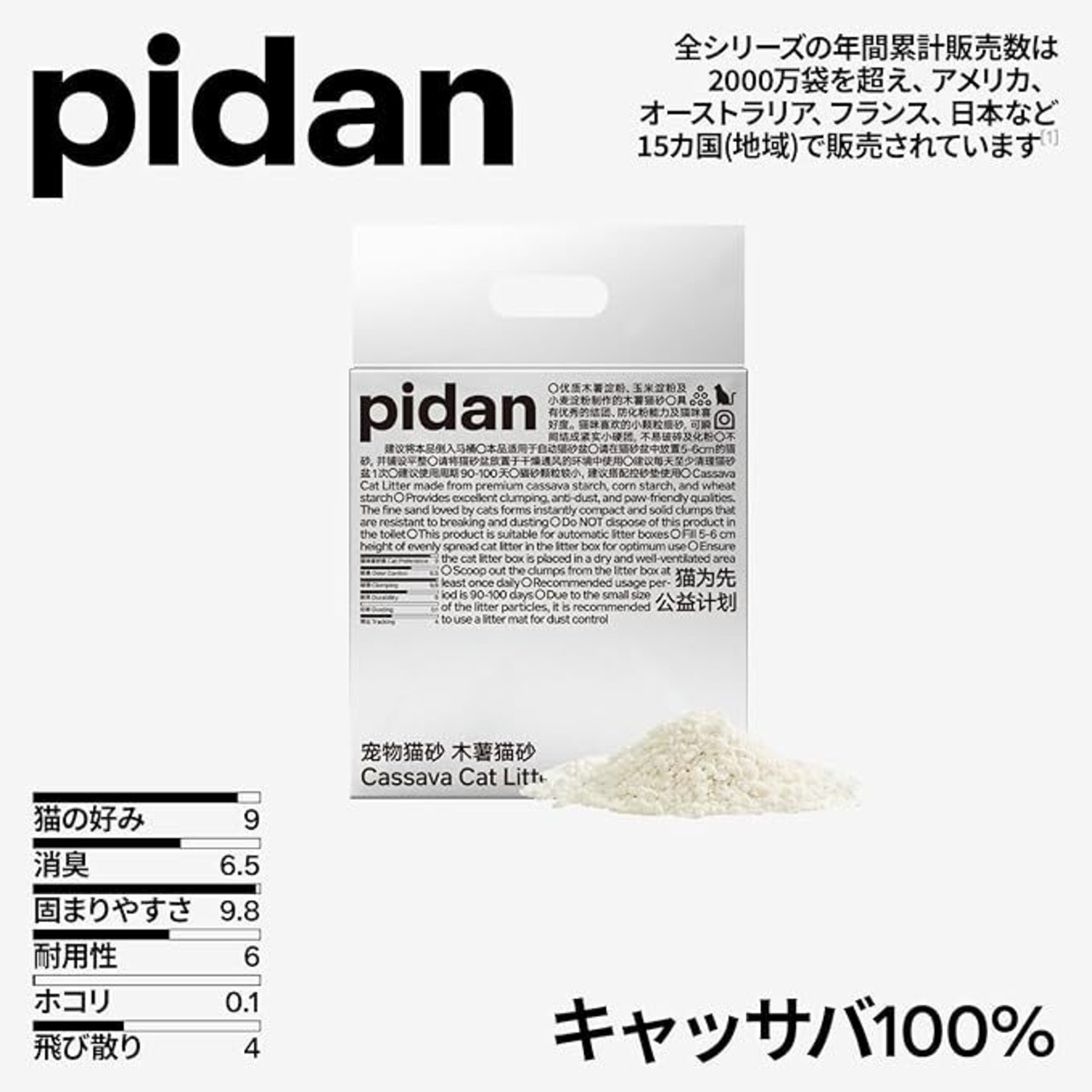【ピダン キャッサバ猫砂(１ケース)】素早く吸水した後サラサラに固まる、底にくっつきにくく、お手入れ楽々