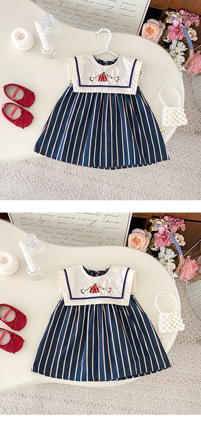 【BABY】ネイビーストライプ刺繍セーラーノースリーブワンピース - 8