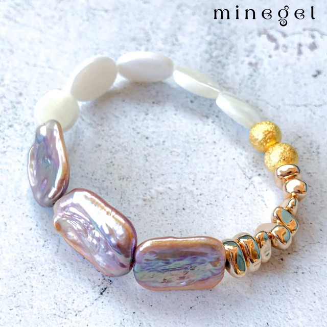 【受注制作】⭐️大粒⭐️ピンクパープル天然淡水パール ヘマタイト マザーオブパール ブレスレット｜minegel-オーダーメイドできるおしゃれパワーストーンブレスレット