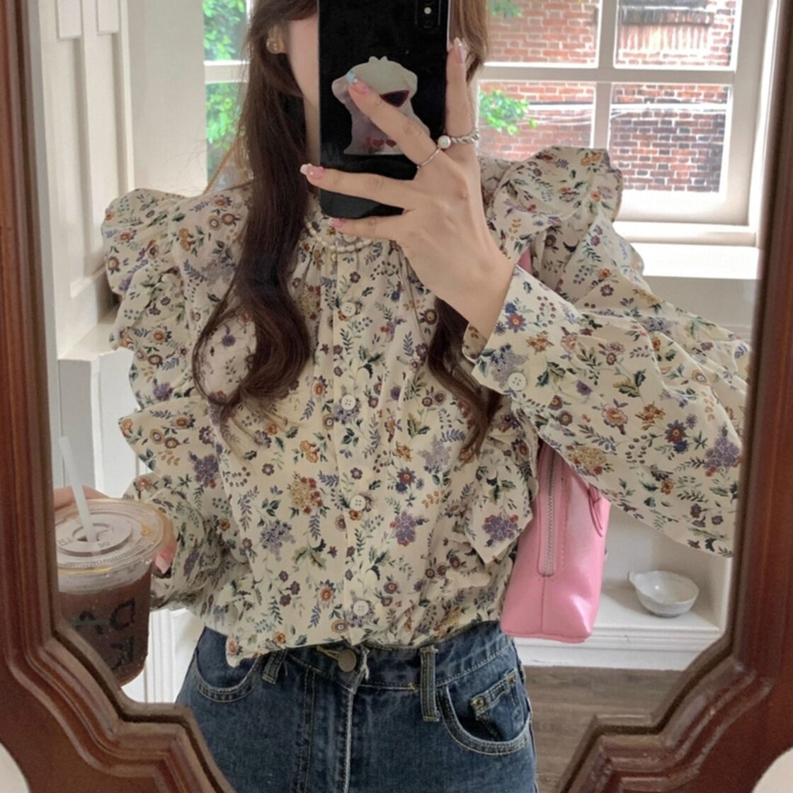 レディース ノーカラーフリル花柄シャツ トップス シャツ 小花柄シャツ 