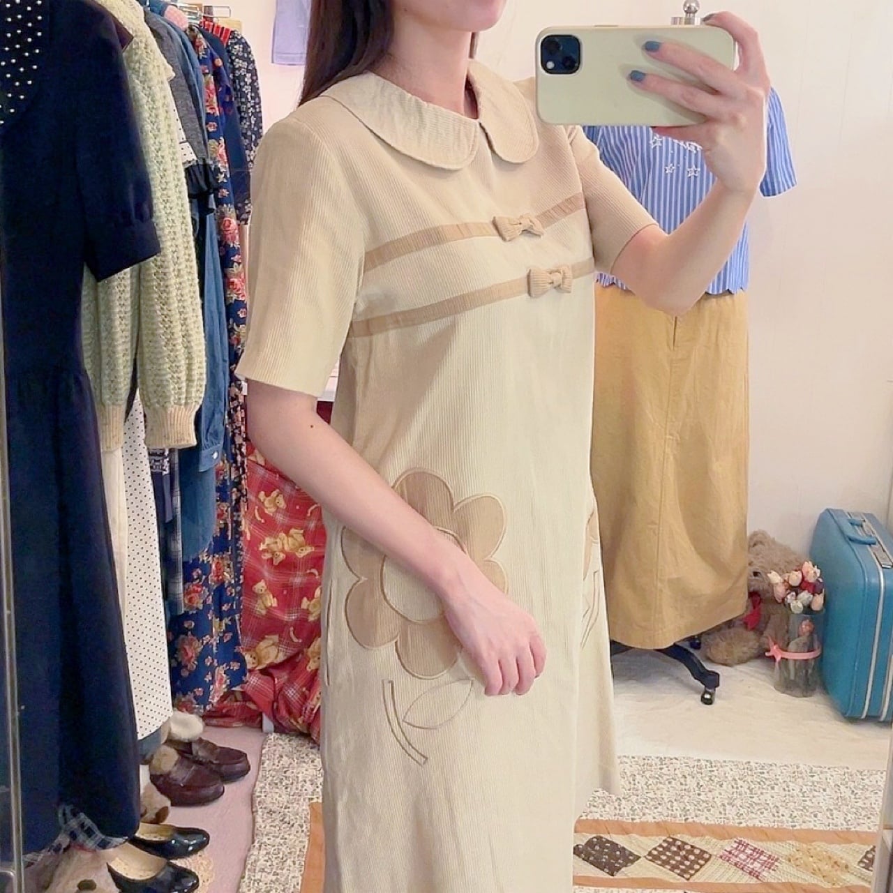 ribbon beige corduroy one-piece