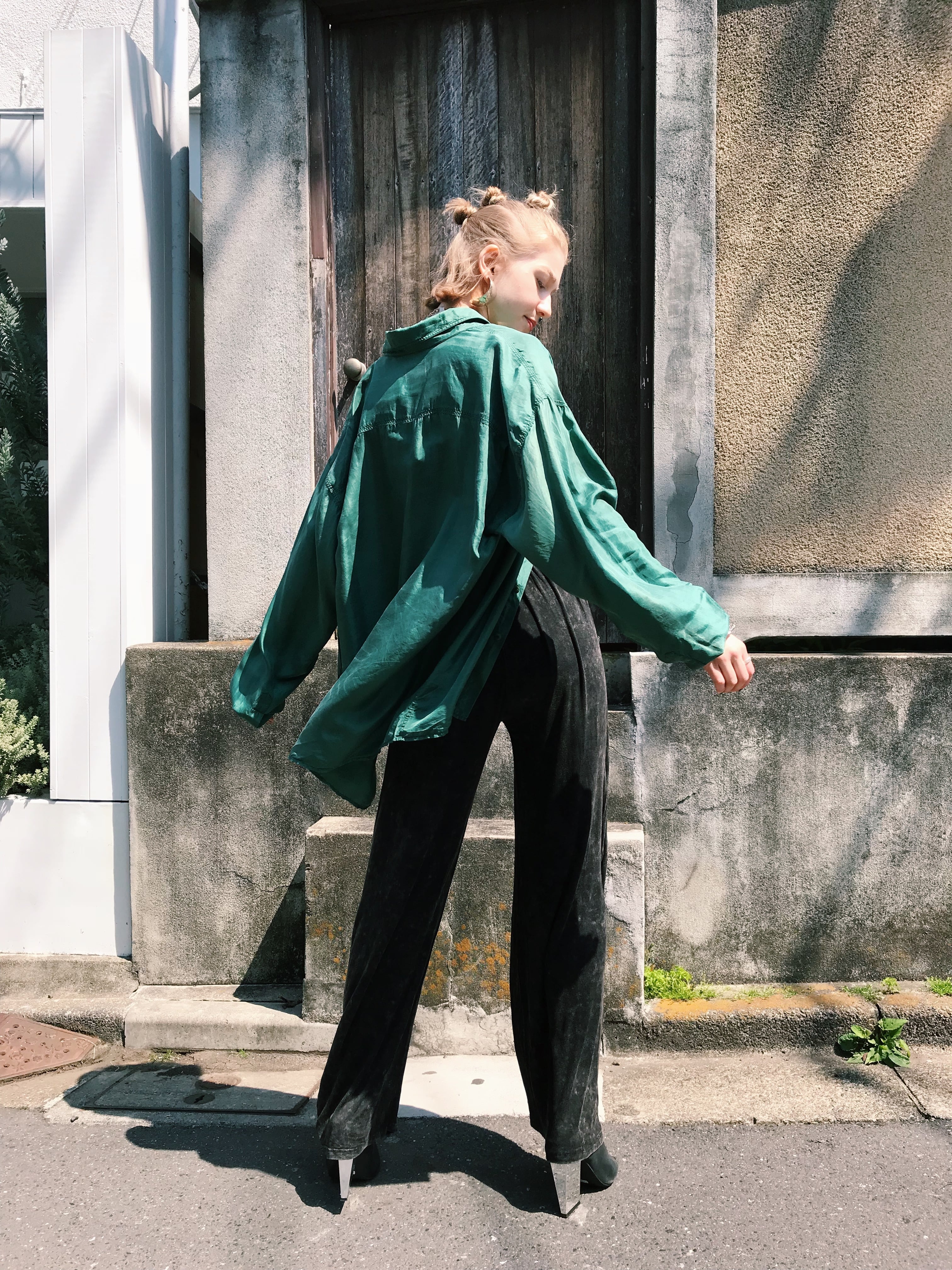 80s green big silk shirt ( ヴィンテージ グリーン ビッグ シルク