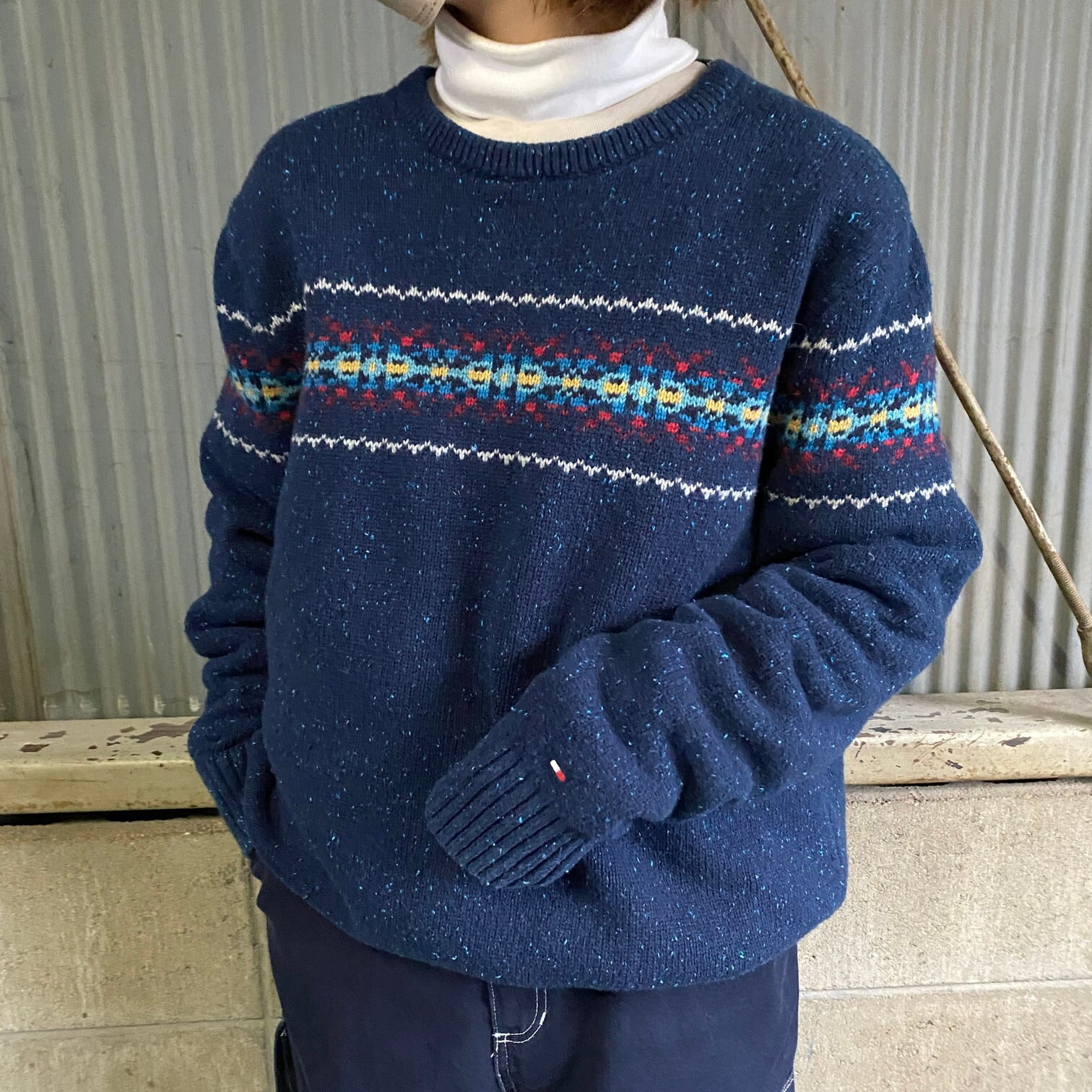 美品 トミーヒルフィガー ダッフルニットジャケット ネイビー XXL ロゴ