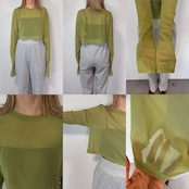 crew neck tulle sheer short tops/lime
