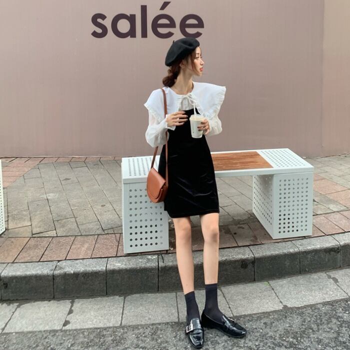 フレンチドレス女性2020年秋新作ハイウエストAライン木製耳縫い人形襟デザインセンス2フェイク クレセントシティ92650650351