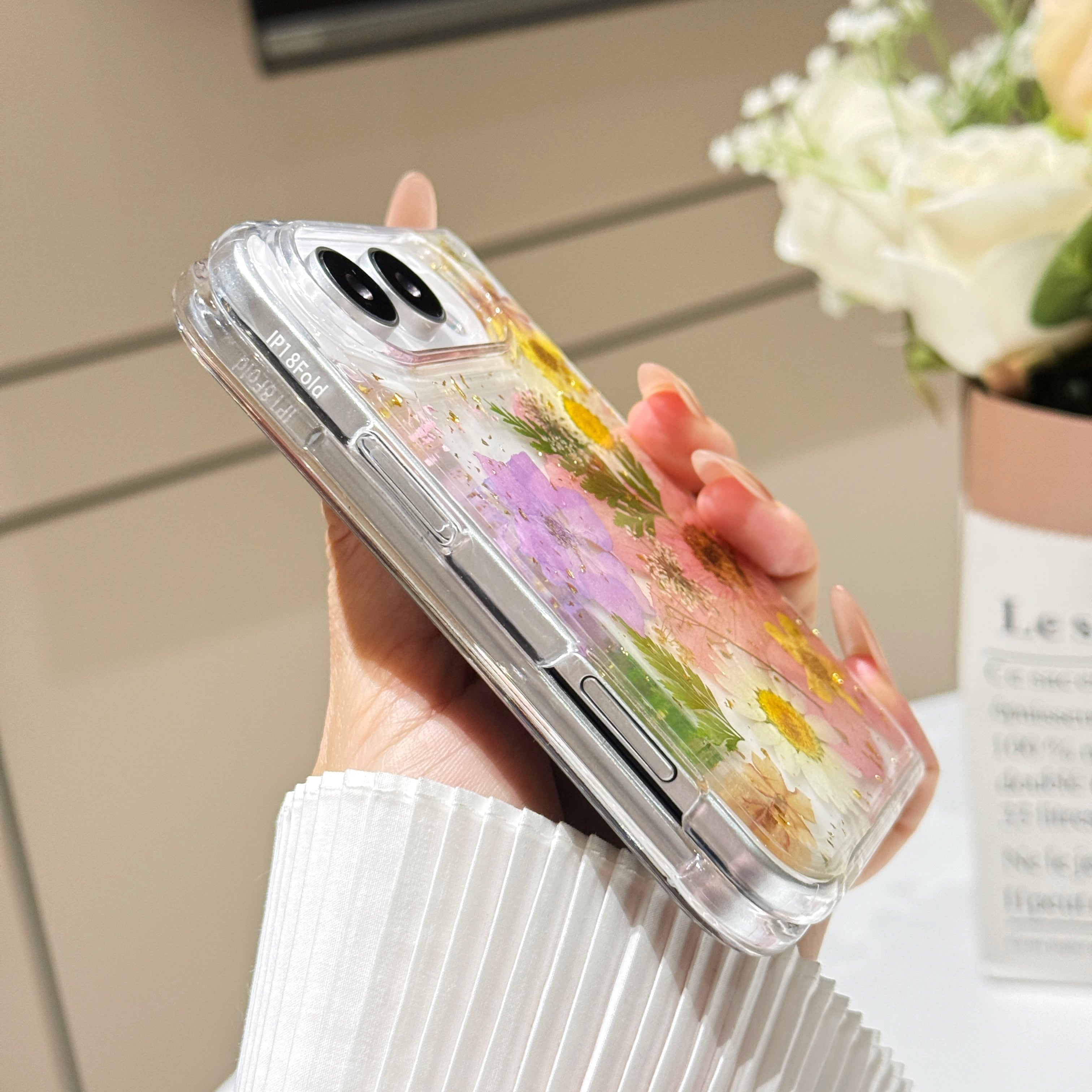2点(内容シークレット1点、イヤフォンケース2点) ピースフラワー1106 押し花 iPhone Duo ケース クリア おしゃれ ドライフラワー