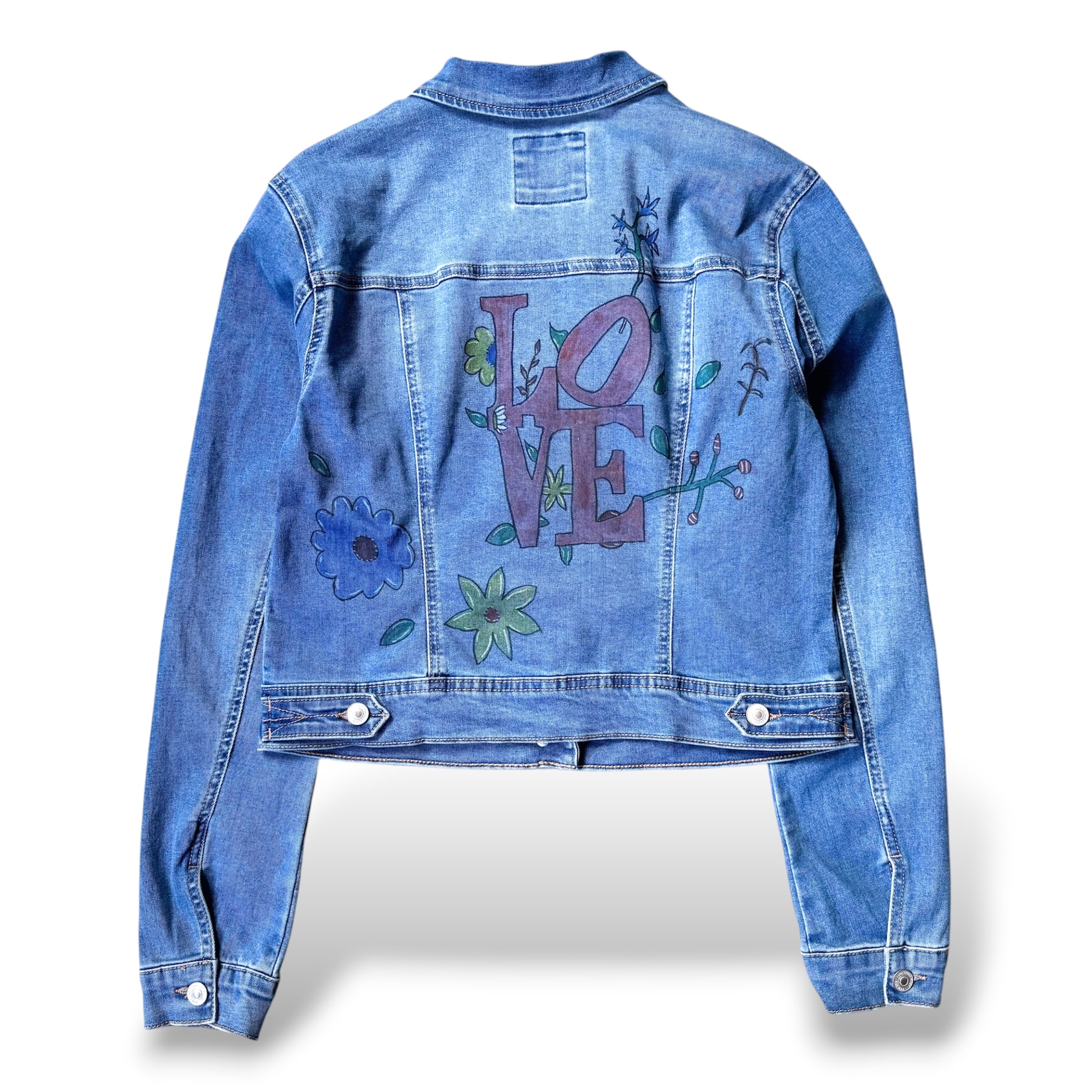 CELINE 水彩画ペイント フラワー デニムジャケット ロゴ刻印金ボタン 36 LOVE
