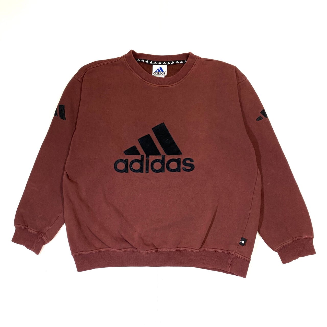 90年代 ギリシャ製 アディダス ロゴ スウェットシャツ メンズl 古着 フロッキープリント 90s ビンテージ ヴィンテージ Adidas トレーナー ワインカラー スウェット Cave 古着屋 公式 古着通販サイト