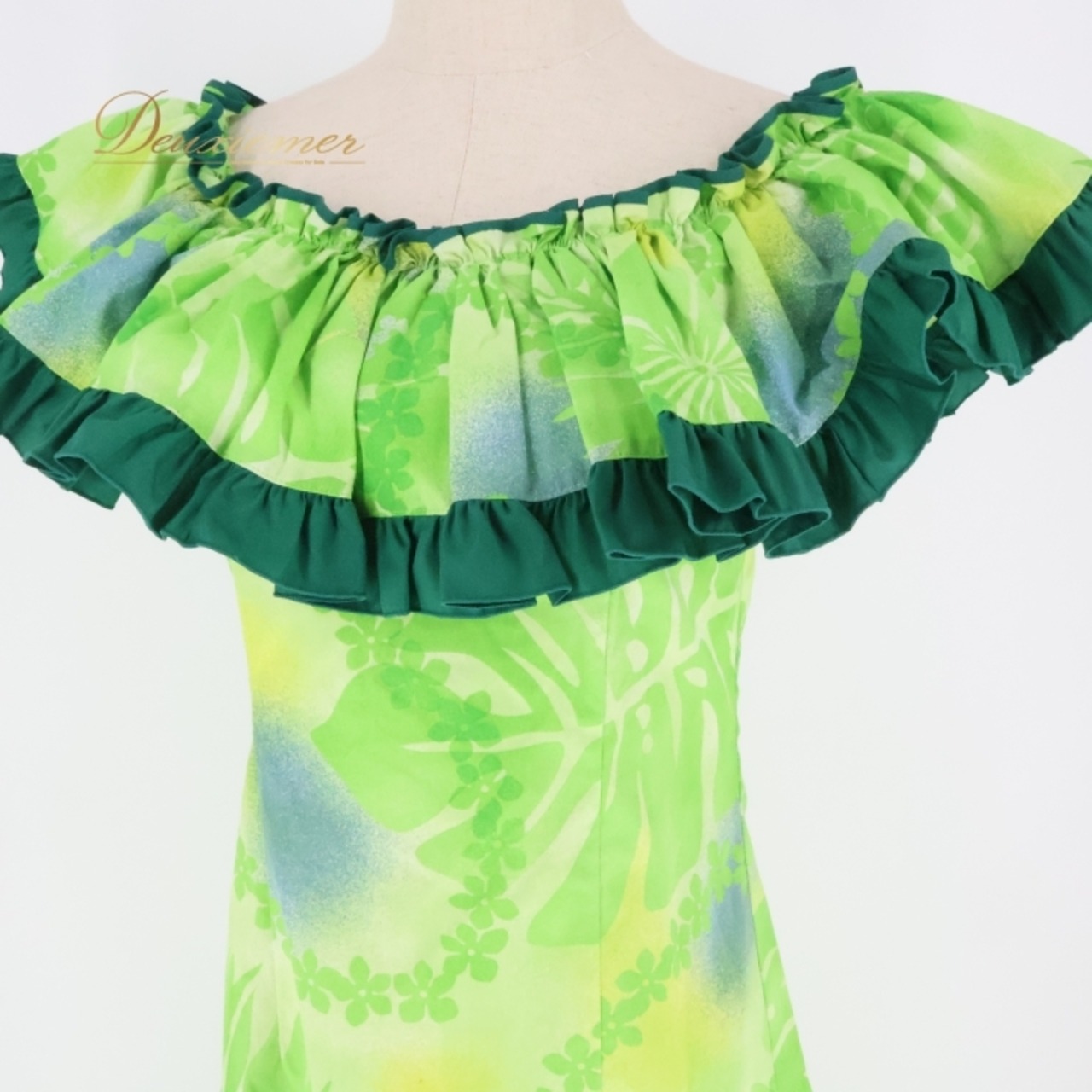 フラダンス 衣装 ワンピース ドレス パンドール グリーン系 Paondor 日本製 ハイビスカス柄 モンステラ柄 レイ柄 フリル ワントーン かわいい 華やか 鮮やか 明るい 緑 黄緑 ハワイアン アロハ ハワイアンプリント フラ ダンス レッスン 練習