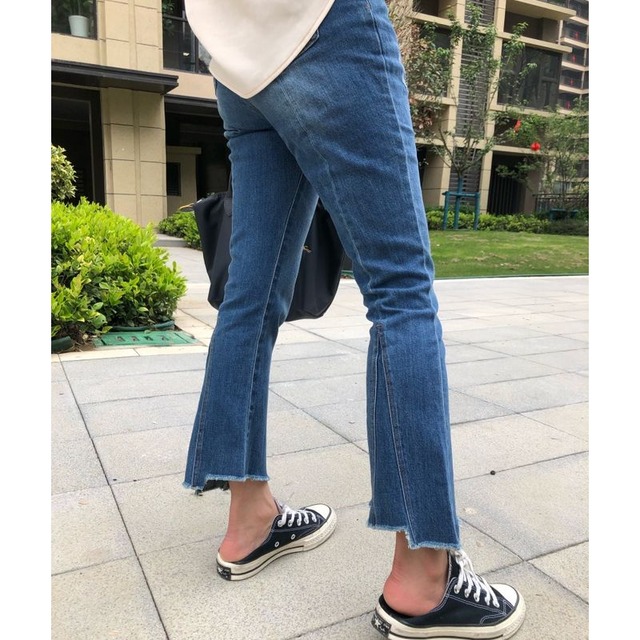 Frayed hem  denim pants S1434