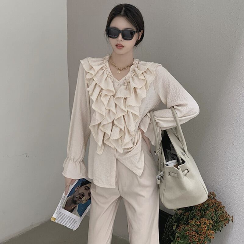 オータムスタンダードVネックブラウス スタイルシャツ ロング レトロ 秋物 ガールズファッション5044688340