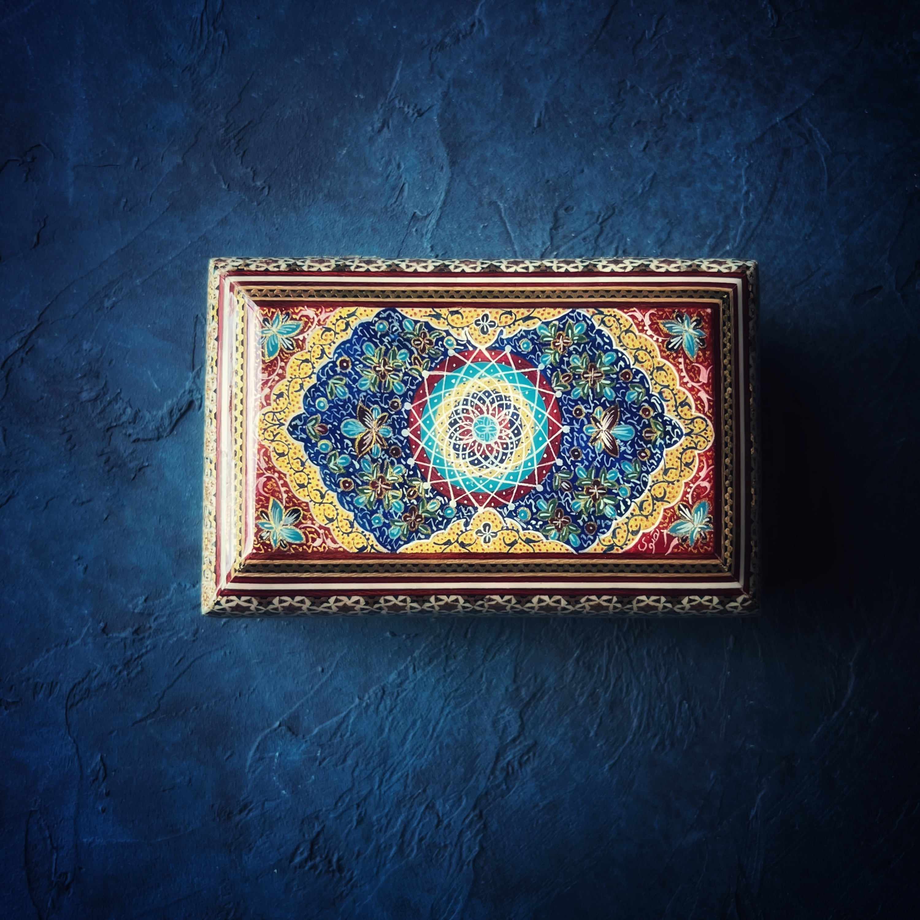 象嵌細工（ハータムカーリー）小箱 長方形 16cm ネイビー × イエロー