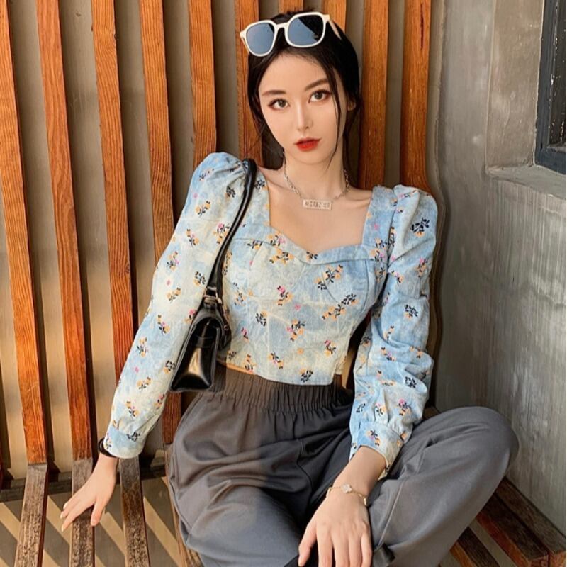 オータムウィンタースタンダードプリント柄カラーショートシャツ トップス レトロ 秋物 冬物 スクウェア ハンチェンe96234947312