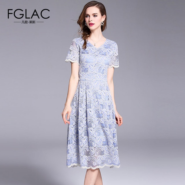 Fglac女性ドレス新しい到着2018ファッションカジュアル半袖レースドレスエレガントスリム中空アウトヴィンテージドレスvestidos