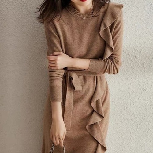 ニットワンピース レディース 韓国 ファッション 長袖 ハイネック アシメントリー フリル ウエストベルト ワンピース ニット フリルワンピース 秋冬 長袖ニット ひざ丈 ワンピース 大人カジュアル