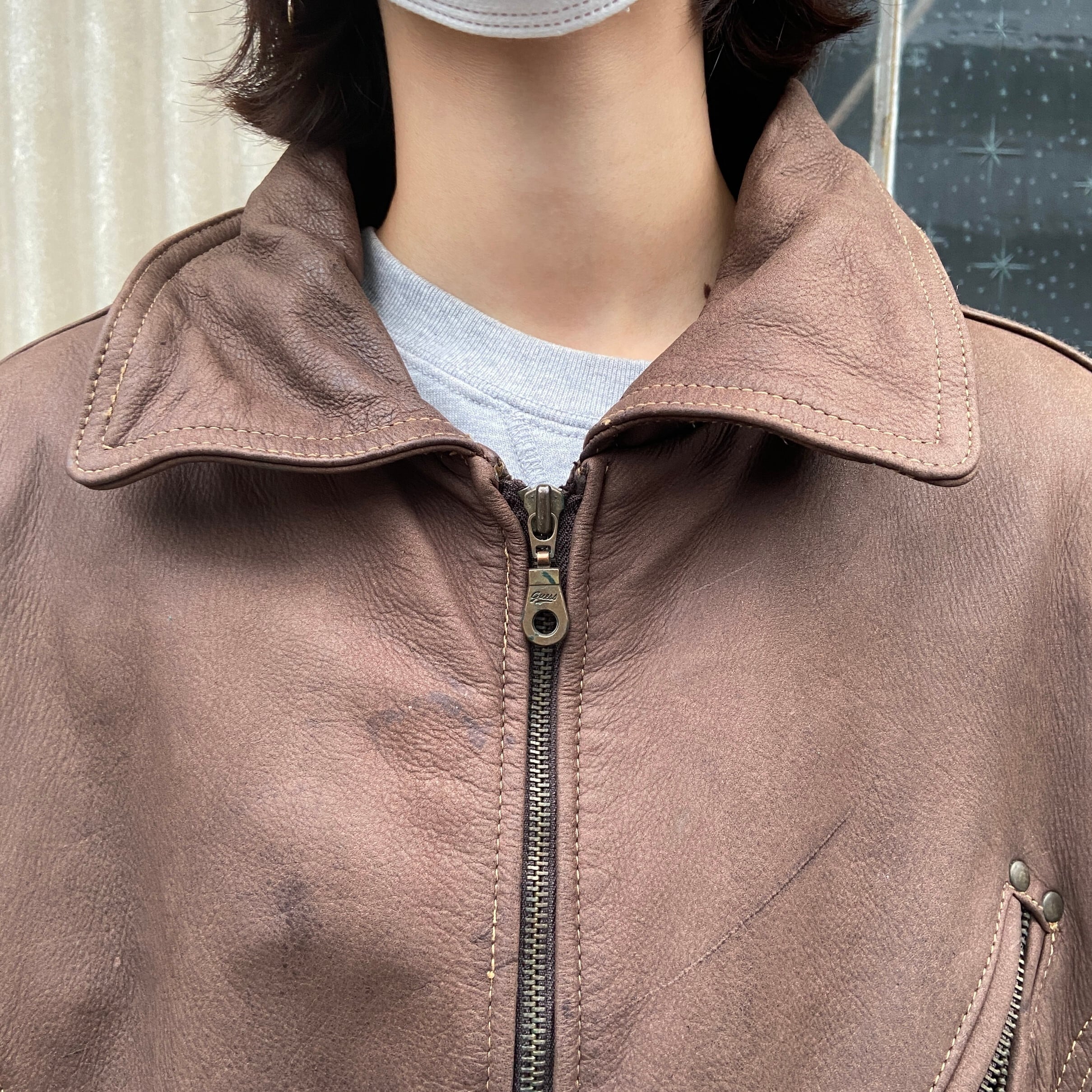 90年代 GUESS LEATHER レザージャケット サテンライナー メンズL 古着 