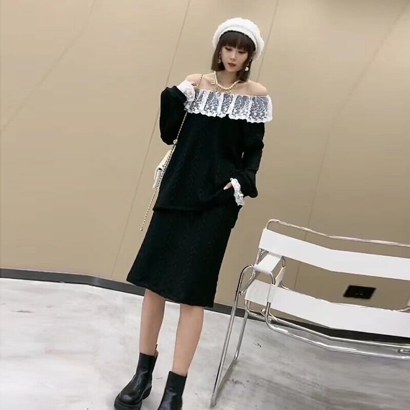 ニットレーススタイルオータムスカート ロング ブラウス 大きめサイズ 秋物 ミックスインファッション3639645473