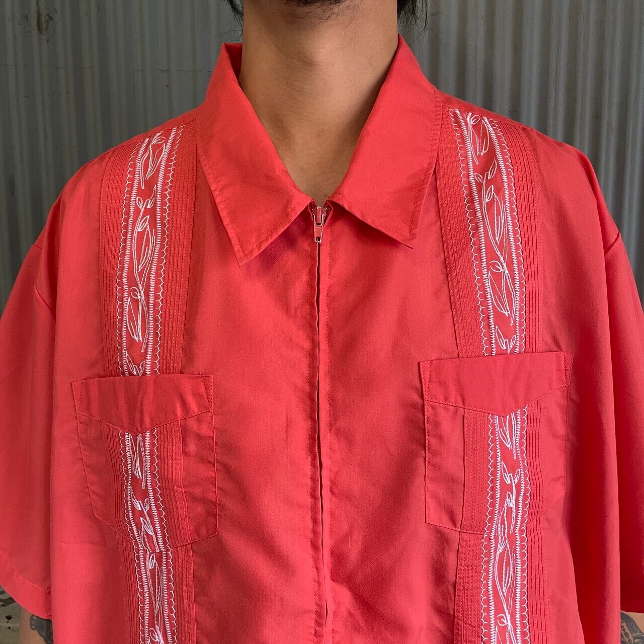 90年代 GUAYABERA 半袖 刺繍 ジップアップ キューバシャツ メンズ3XL 