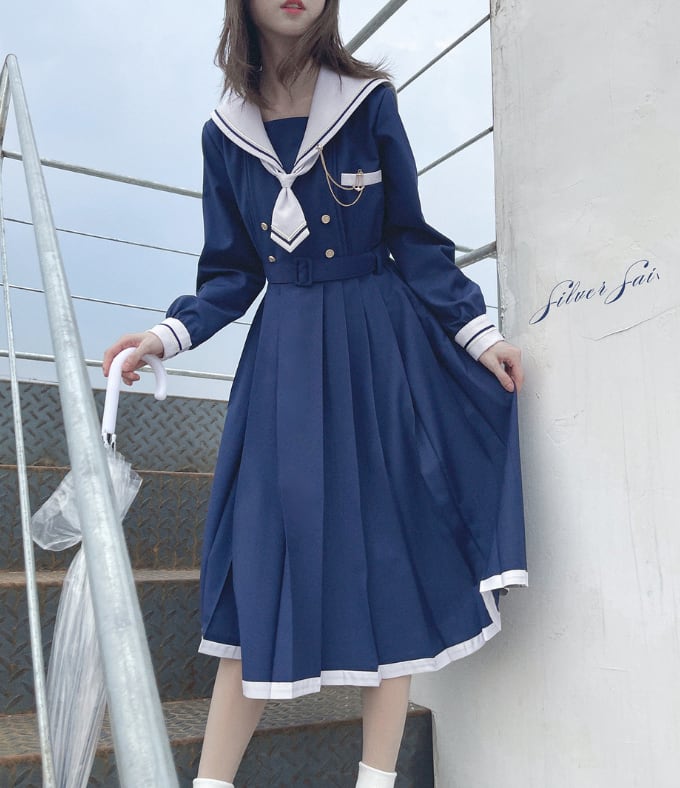 ダブルボタンマリンネイビーワンピース Sakura Bloom